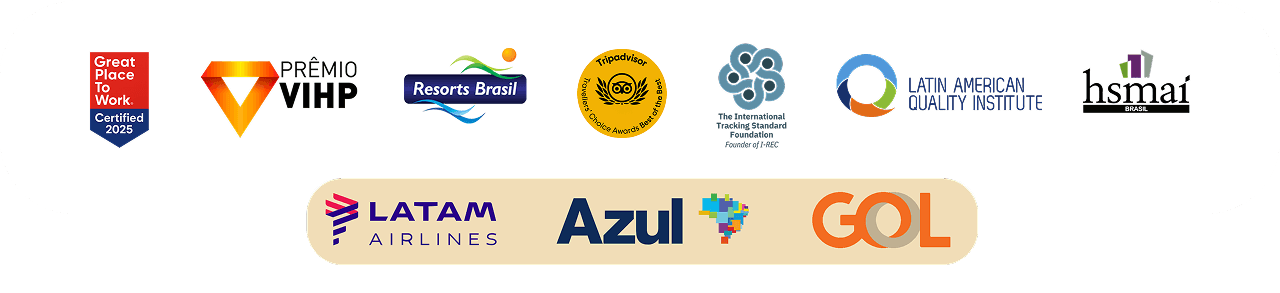 Logos parceiras, GPTW, PREMIO VIHP, resorts brasil, trp advisor, latin american quality institute, hsmai, latam, azul e gol