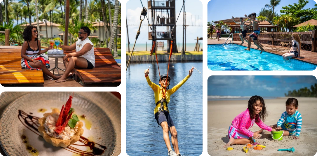 Mosaico com experiências do Cana Brava Resort: gastronomia, lazer, piscina, tirolesa e praia para crianças
