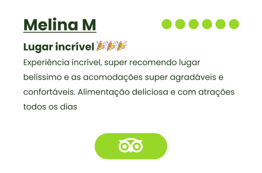 Experiência incrível, super recomendo lugar belíssimo e as acomodações super agradáveis e confortáveis. Alimentação deliciosa e com atrações todos os dias